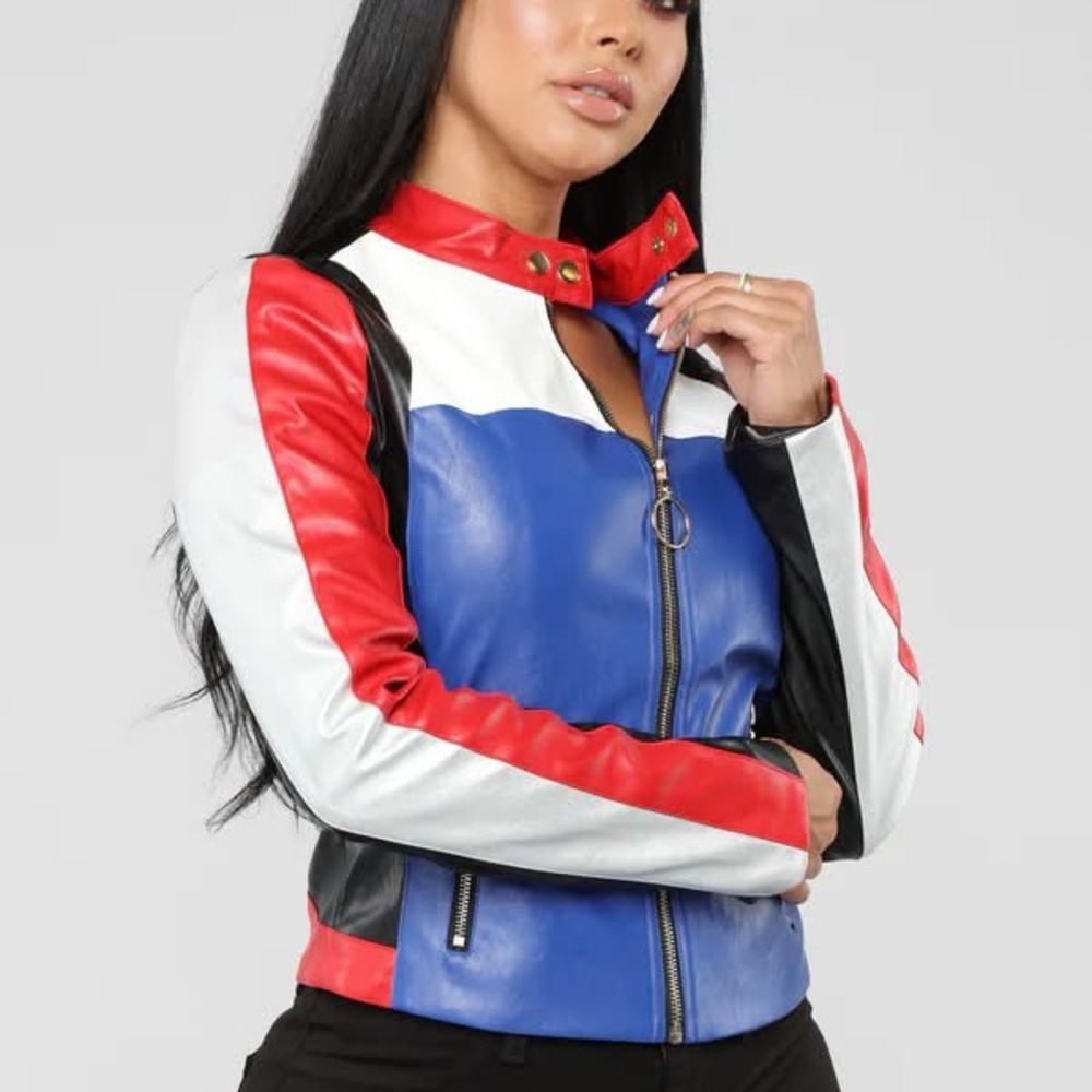 Fashion Nova Red, Blue, and White Leather Jacket